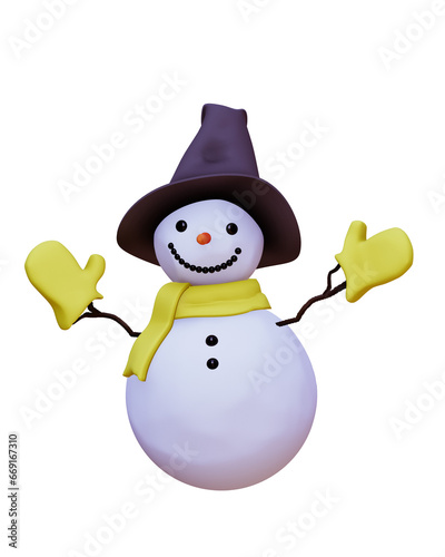 Bild auf Leinwand Snowman on a white background, christmas winter theme, 3D render illustration, c
