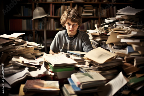 Concentrated young boy sitting amidst piles of textbooks, focused on completing his school assignments
