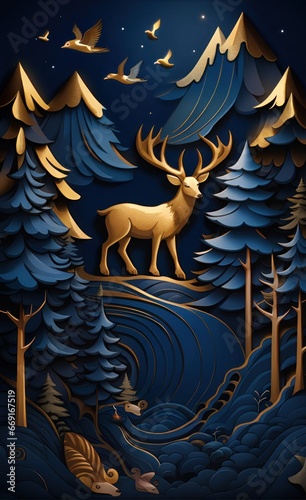 Dark blue mural wallpaper from the contemporary era Christmas tree, mountain, deer, birds, and waves of gold on a dark blue backdrop depicting a jungle or forest. Generative AI © Hitesh