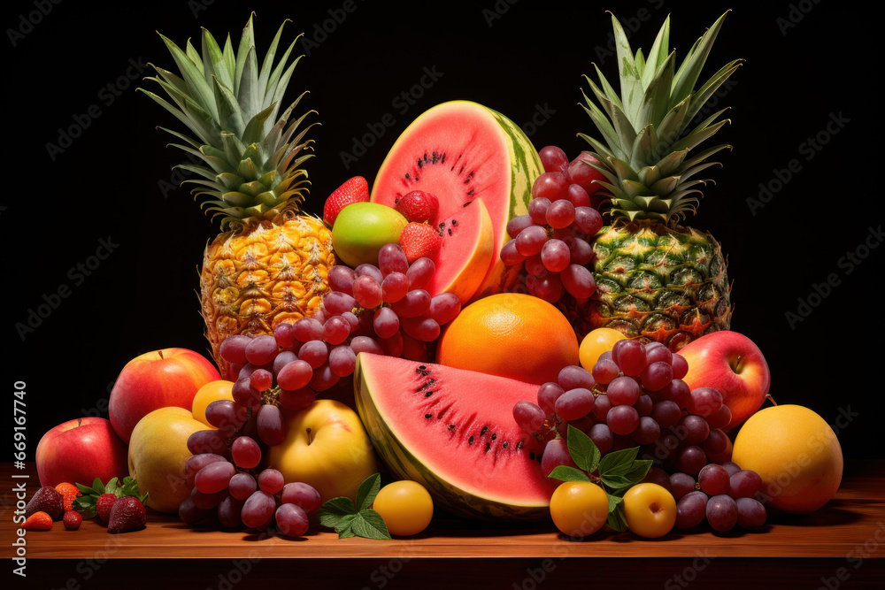An assortment of vibrant fruits adorns the table - pineapples, grapes, apples, oranges, watermelon, creating a fruity background An assortment of vibrant fruits adorns the table - pineapples, grapes, apples, oranges, watermelon, creating a fruity background