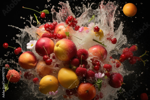 Various fruits levitate amidst water splashes against a black background, capturing the essence of fruity freshness