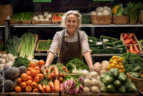 Joyful senior woman vendor in a vegetable shop