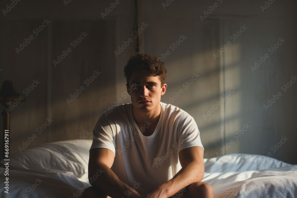 Fototapeta premium A despondent man sits on a bed, lost in sadness and disappointment