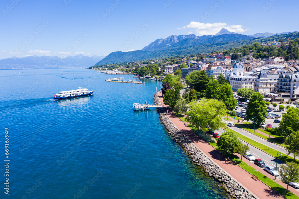 Naklejka premium Aerial view of Evian (Evian-Les-Bains) city in Haute-Savoie in France