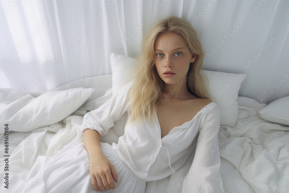 A serene scene unfolds as a charming young lady lounges on a snow-white bed, finding solace and peace A serene scene unfolds as a charming young lady lounges on a snow-white bed, finding solace and peace