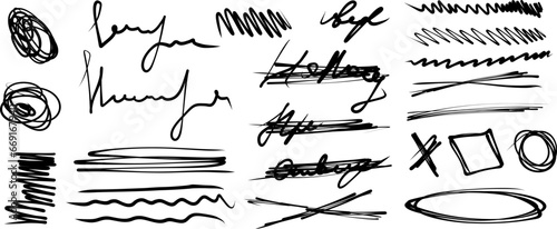 vector hatching, strikethrough hand drawn children's doodle. illegible handwriting large set