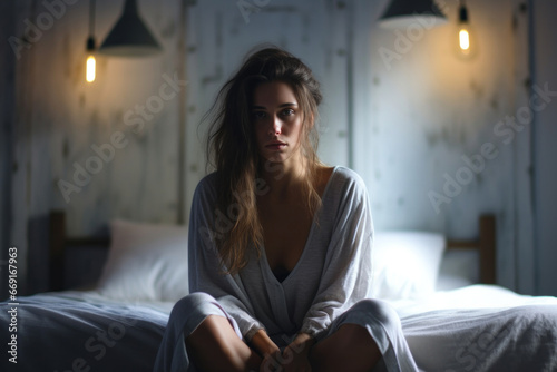 A young woman sits on a bed in a room, her face expressing sadness and despair