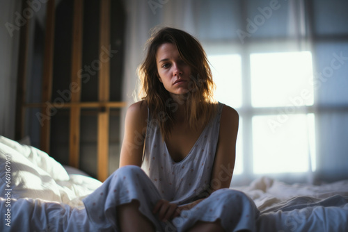 A young woman, her face reflecting sorrow, sits on the bed in a somber room, consumed by depression