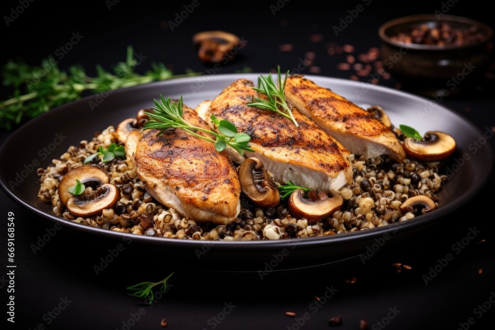 A plate of delicious food featuring mushrooms. This image can be used to showcase a variety of mushroom dishes or to illustrate the use of mushrooms in cooking. A plate of delicious food featuring mushrooms. This image can be used to showcase a variety of mushroom dishes or to illustrate the use of mushrooms in cooking.