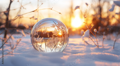 Christmas transparent bauble in the snow in winter natural background. © Anna