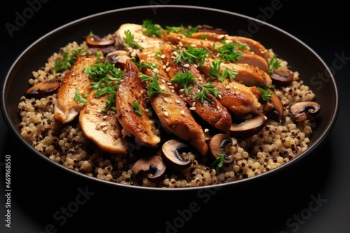 A plate of food featuring mushrooms and rice, perfect for a delicious and nutritious meal. Can be used to showcase healthy eating, vegetarian or vegan recipes, or for food-related content.