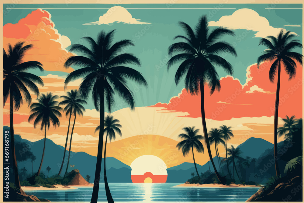 sunset at the beach with palm trees and sea. vector art illustration.sunset at the beach with palm trees and sea. vector art illustration.sunset at beach with palm trees and sun.