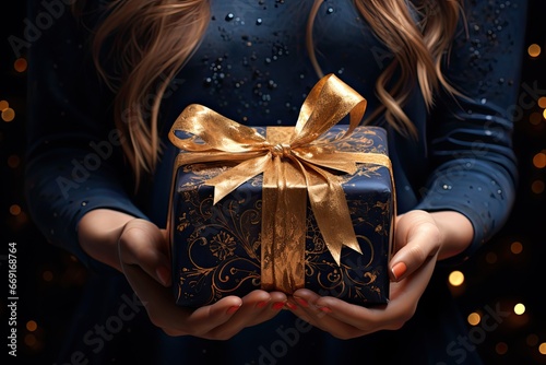 young woman holding a christmas package