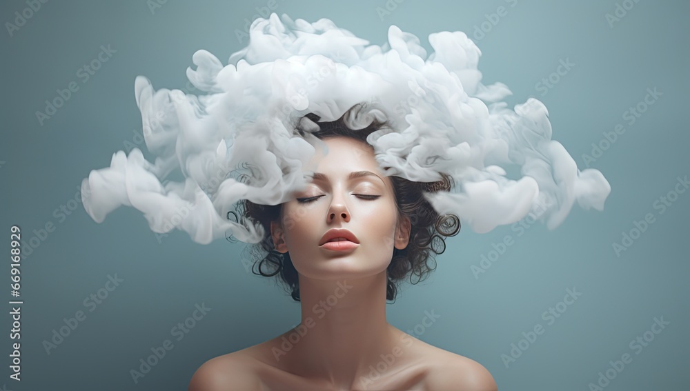 beautiful woman over her head with clouds above her head and thoughts. 