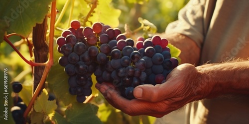 A close-up view of a person holding a bunch of grapes. This image can be used to depict healthy eating, fresh produce, or a vineyard scene.