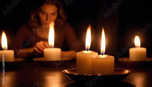 candle light in the middle of a dark room fire makes different figures dark shadows on the background create mysterio style