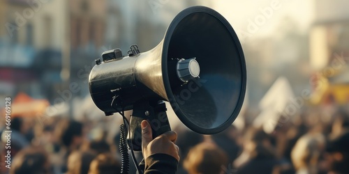 A person holding a megaphone and addressing a large crowd. This image can be used to represent public speaking, leadership, communication, or activism.