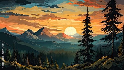 a forest in the background with mountains and sunset photo