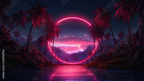a glowing neon circle with jungle plants