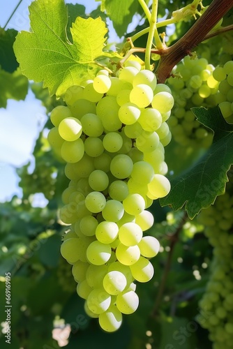 A close-up shot of a bunch of green grapes hanging from a vine. This image can be used to depict fresh produce, vineyards, agriculture, or healthy eating.