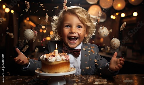 little boy holds up a birthday cake as confetti falls photo