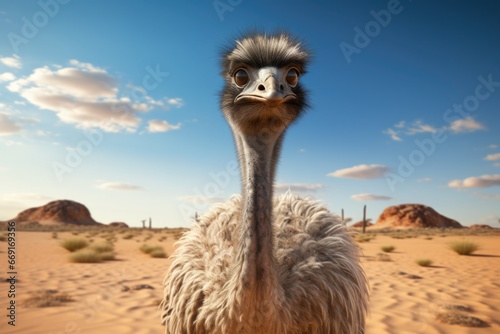 An ostrich standing in the middle of a desert. Suitable for nature and wildlife themes.