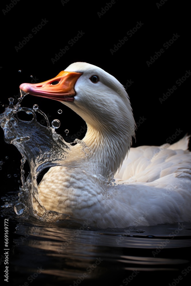 A white duck is captured in the moment as it splashes water on its head ...