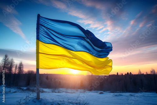 Ukrainian flag at sunset photo
