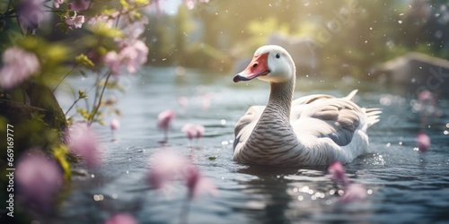 A beautiful duck gracefully swimming in a peaceful pond surrounded by vibrant pink flowers. Perfect for nature enthusiasts and garden lovers.