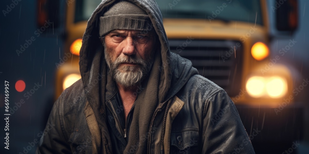 Obraz premium A man wearing a hoodie stands in front of a truck. This image can be used to depict urban lifestyle, transportation, or a mysterious character in a story.