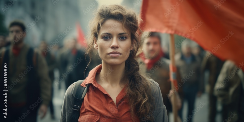 A woman stands out in a crowd of people as she confidently holds a red flag. This image can be used to represent leadership, protest, unity, or standing up for a cause