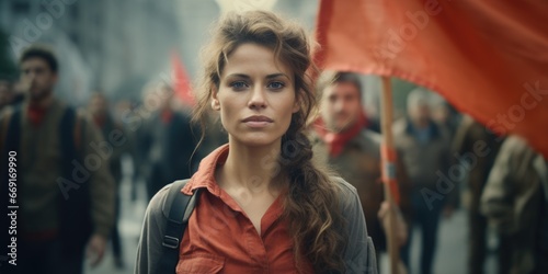 A woman stands out in a crowd of people as she confidently holds a red flag. This image can be used to represent leadership, protest, unity, or standing up for a cause