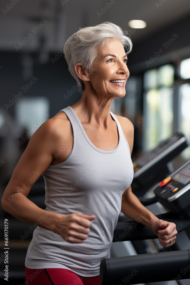 Active senior woman running on a treadmill in the gym. Generated by AI.