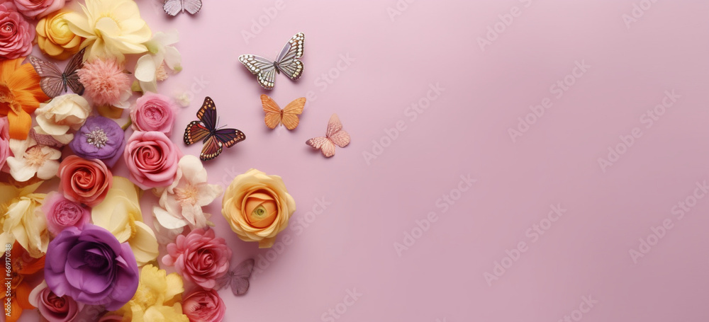 Banner with festive mood of spring and summer, Flat lay, Place for text