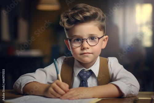 A young boy wearing glasses and a tie sitting at a table. This image can be used to depict a student, education, or a professional setting