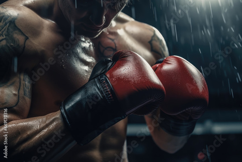 A close up shot of a person wearing boxing gloves. This image can be used to depict concepts such as fitness, training, sports, determination, and competition