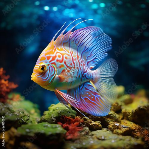 full body wide angle shot of a melting discus fish with moist rainbow-patterned skin, swimming in translucent gel, aquarium plants in background, ultra-detailed, ray tracing