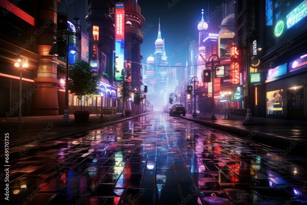 Neon-Lit Cityscape Reflections on Wet Street at Night