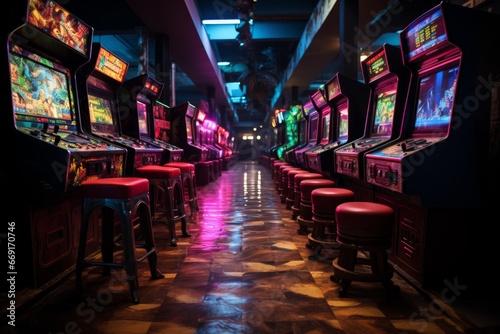 In the arcade room, neon lights illuminate rows of vintage game machines, offering retro gaming entertainment. The coin-operated devices evoke nostalgia for classic video games photo