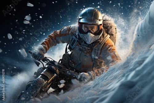 An adventurous snowmobile ride through the snowy wilderness, where the rider speeds through the winter wonderland, embracing the thrill of extreme cold weather action