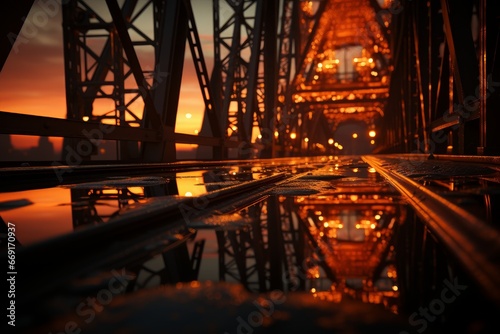 Sunset Reflections on Railway Bridge Structure