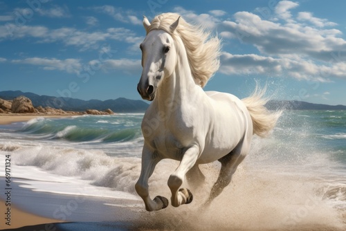 A beautiful white horse running freely on the sandy beach next to the sparkling ocean. Perfect for nature and animal-related projects