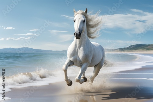A majestic white horse galloping along the sandy beach next to the vast ocean. Perfect for capturing the beauty and freedom of nature. Ideal for travel, adventure, and animal-themed projects