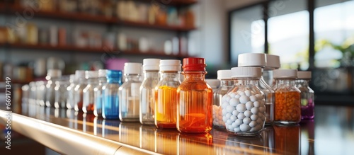 Medicines on pharmacy shelves, bright display
