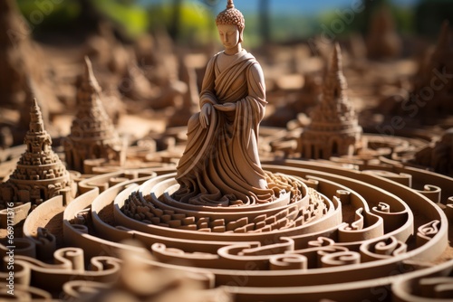serene Buddha statue stands at the center of an exquisitely carved wooden mandala, symbolizing peace and spiritual focus