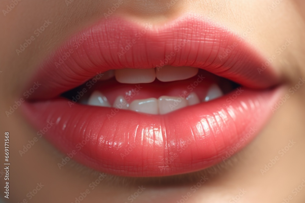 Obraz premium A close-up view of a person's lips with a toothbrush. This image can be used to promote oral hygiene and dental care products.