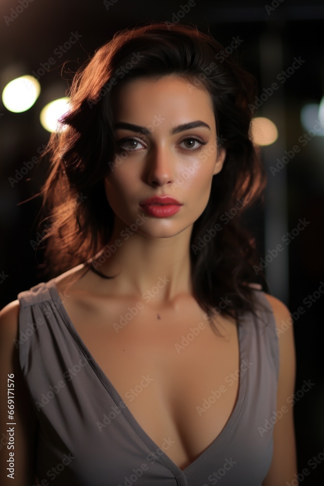 A woman in a gray dress strikes a pose for a photograph. This image can be used for fashion blogs, photography websites, or social media posts A woman in a gray dress strikes a pose for a photograph. This image can be used for fashion blogs, photography websites, or social media posts