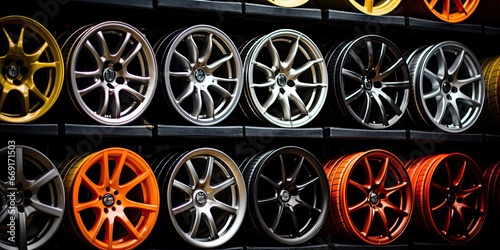 the wheels and aloy rims of a retail car dealer photo