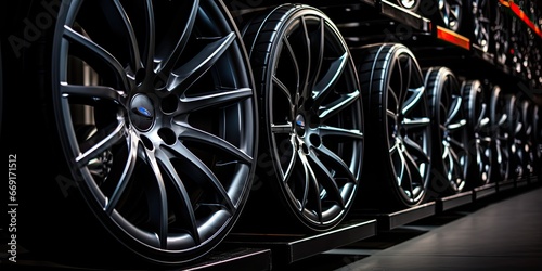 the wheels and aloy rims of a retail car dealer photo