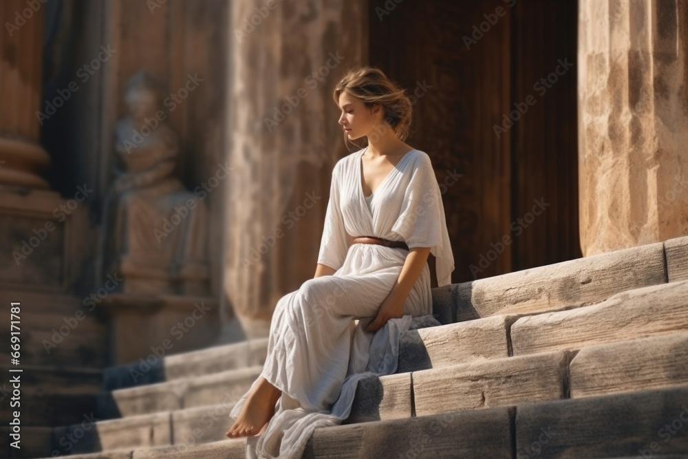 A woman is pictured sitting on the steps of a building. This image can be used to represent relaxation, solitude, or urban lifestyle A woman is pictured sitting on the steps of a building. This image can be used to represent relaxation, solitude, or urban lifestyle